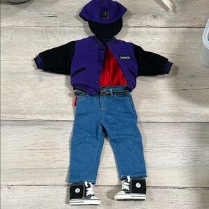 American Girl 1990’s Purple and Black Varsity Jacket, hi tops, pants & T shirt